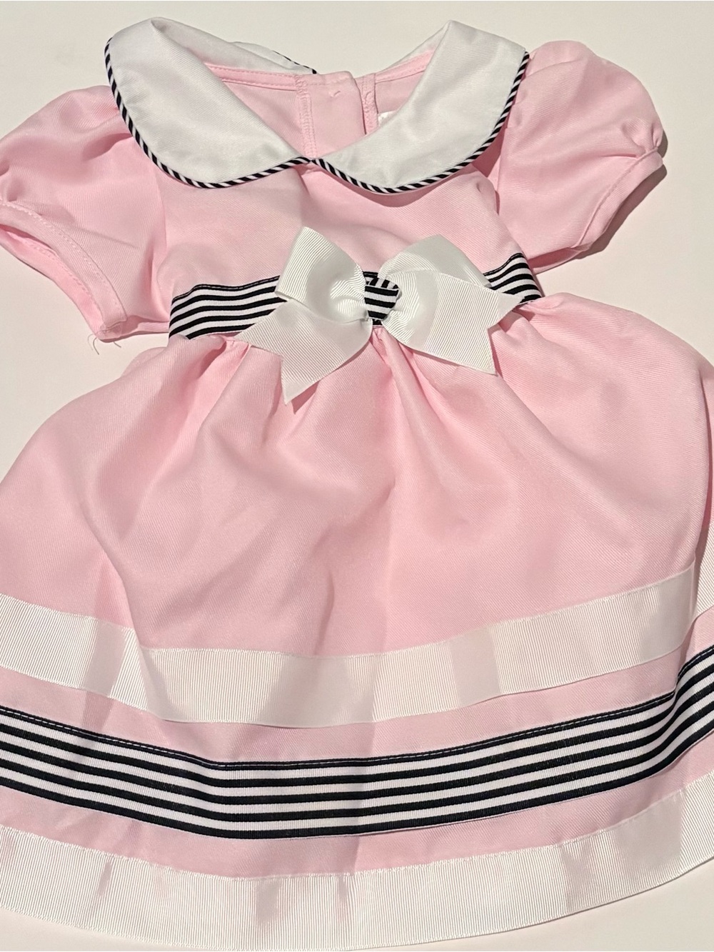 Rare Editions Pink White Dress with Navy Trim and Bow